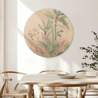 Wood Print Tropical Idyll with Hummingbird Apricot - Bloomery Decor - Round 