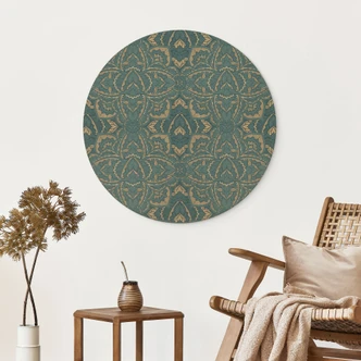 Wood Print Vintage Mandala in Turquoise Gold - Bloomery Decor - Round 