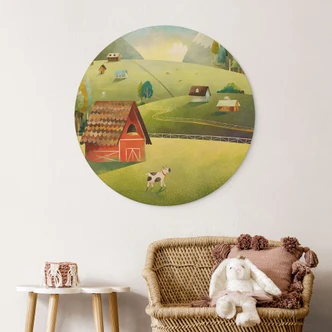 Wood Print Colorful farm in the mountains - DigitalArtsi - Round 