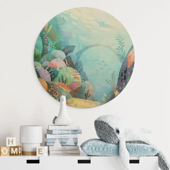 Wood Print Coral Reef in Blue Lagoon - DigitalArtsi - Round 