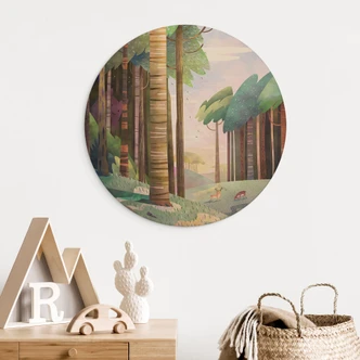Wood Print Sunny forest with deer - DigitalArtsi - Round 