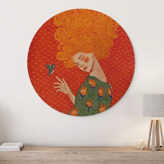 Wood Print Hummingbird and woman in red light - Hülya - Round 