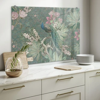 Kitchen Splashback Peacock in tropical garden on mosaic - Bloomery Decor 
