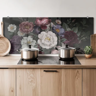 Kitchen Splashback Flowers Still Life in Redouté Style - Bloomery Decor - Panorama 