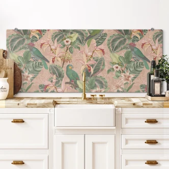 Kitchen Splashback Jungle with Parrots Pink - Bloomery Decor - Panorama 