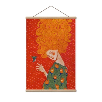 Textile poster hummingbird and woman in red light - Hülya 