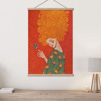 Textile poster hummingbird and woman in red light - Hülya 