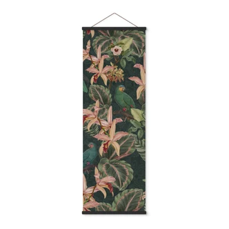 Textile poster Jungle with parrots night green - Bloomery Decor - Panorama 