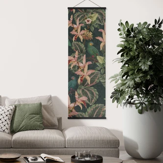 Textile poster Jungle with parrots night green - Bloomery Decor - Panorama 