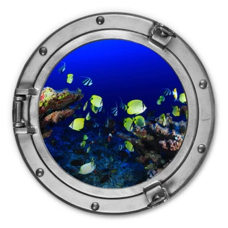 Alu-Dibond Wall Circle 3D Optic Porthole - Colorful Fish 