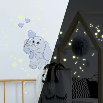 Baby Elephant with Hearts (blue) Wall Sticker + Glow in the Dark 