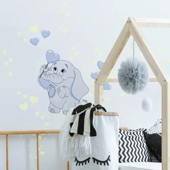 Baby Elephant with Hearts (blue) Wall Sticker + Glow in the Dark 