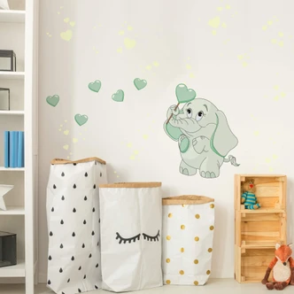 Baby Elephant with Hearts (green) Wall Stickers + Glow in the Dark Hearts 